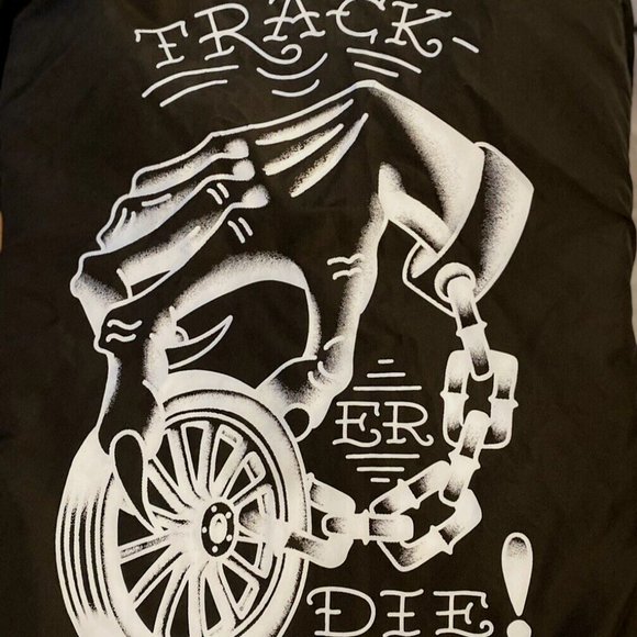 TRACKERDIE MOTORCYCLES WINDBREAKER JACKET BLACK / WHITE TIRE & CHAIN MED B7-14 - Picture 3 of 6